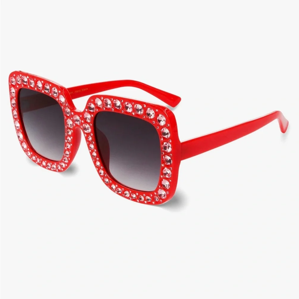 NIB Oversized Red Square Sparkly Crystal Sunglasses Bling RhinestoneGlasses
